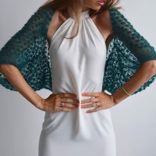 Green silk mohair shawl, Bridal knit bolero, Evening shrug, Wedding cover up