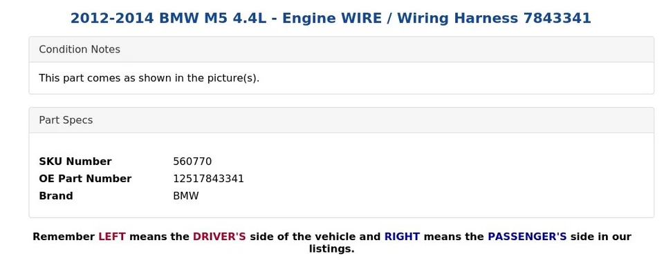 2012-2014 BMW M5 4.4L - Engine WIRE / Wiring Harness 7843341 - Image 3 of 4