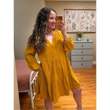 NWT GAP Mustard Yellow Tiered V-Neck Mini Dress Cotton Large