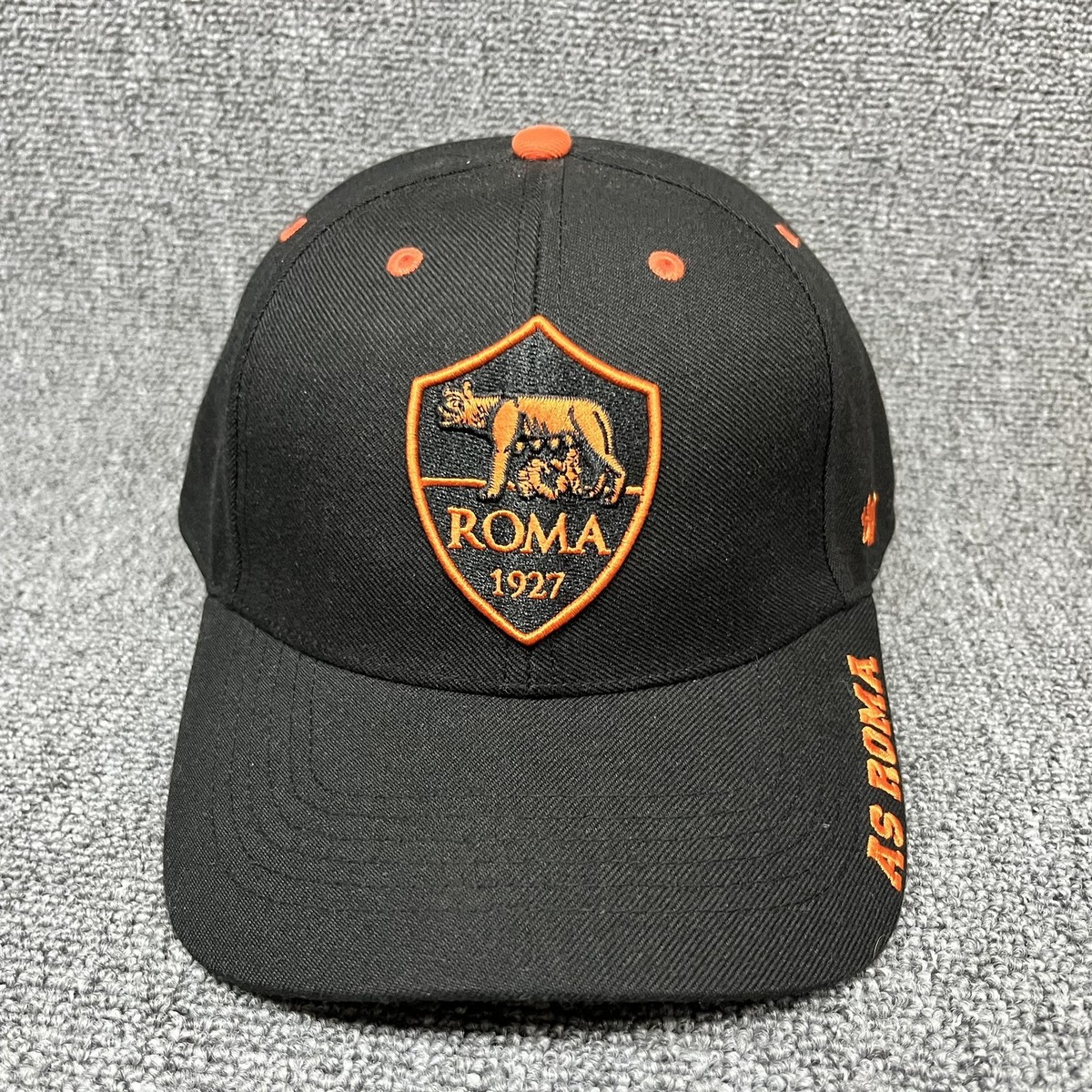 AS Roma '47 Brand MVP Hat Black Orange 1927 Wolf Logo Strapback Soccer Cap