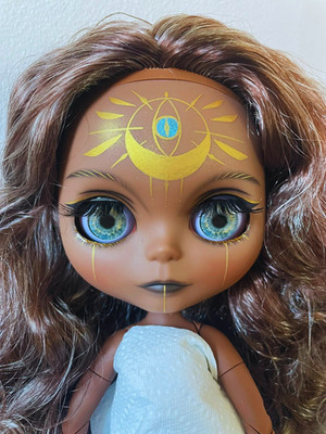 OOAK Blythe 1/6 Doll Hand-Painted Super Black Skin Frosted Face Sun Goddess Make