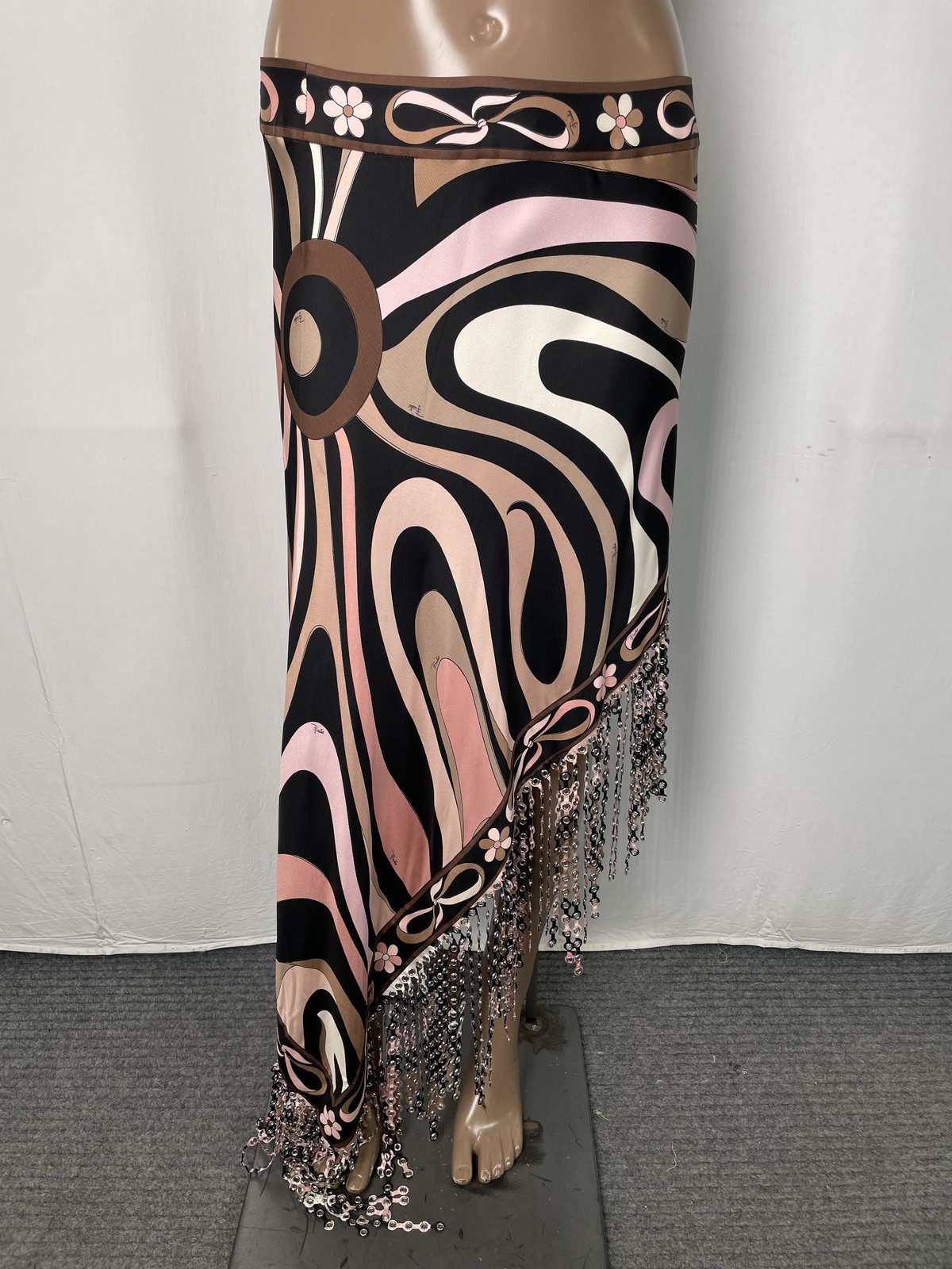Pucci Women Midi Skirt Pink/Multi Size US 8/ IT 44 Sequin Fringe Asymmetric Silk