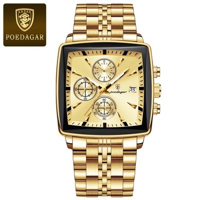 POEDAGAR Square Men Watch Chronograph Waterproof Luminous Quartz Stainless Steel