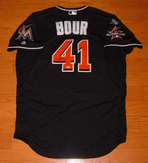 MIAMI MARLINS JUSTIN BOUR 2017 GAME USED WORN JERSEY 3 PATCHES (PHILLIES ANGELS)