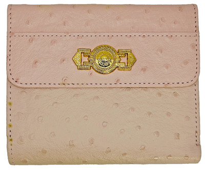 Gianni Versace Vintage Pink Ostrich Leather Bifold Wallet Medusa Clasp