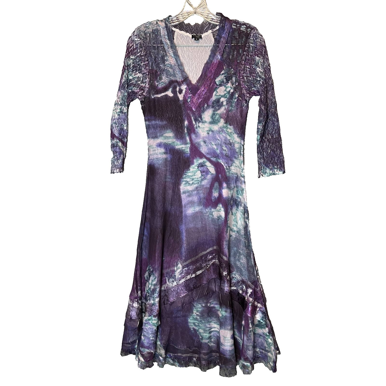 Women Fairy Boho Mixed Media Crinkle Sheer Watercolor Colorful Midi Dress S