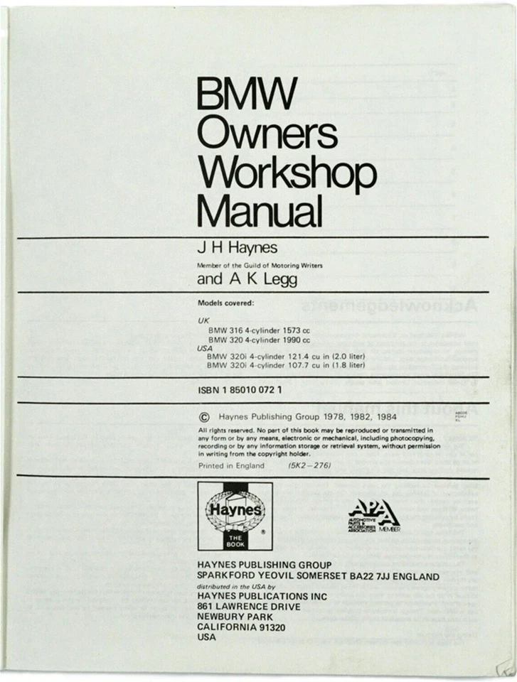 BMW 320i Haynes 1975-1983 manual de reparación automotriz taller taller libro Foto 2 de 4