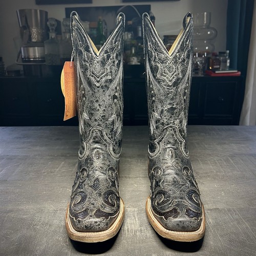 Corral A2402 Womens 10M Western Cowboy Boots Black Snake Inlay Square Toe