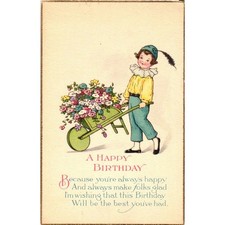 Vintage Birthday Postcard Boy with Flower Wheelbarrow Series 1096 A Made in USA