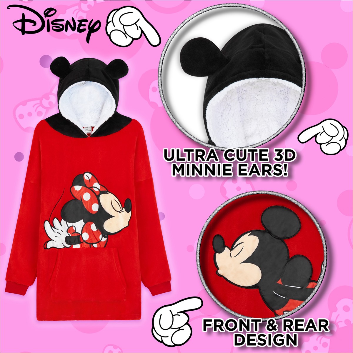 Minnie Mouse bijpassende volledig gevoerde luxe fleece hoodie oversized deken hoodie voor dames en meisjes, Rood, 4-7 Years Plus