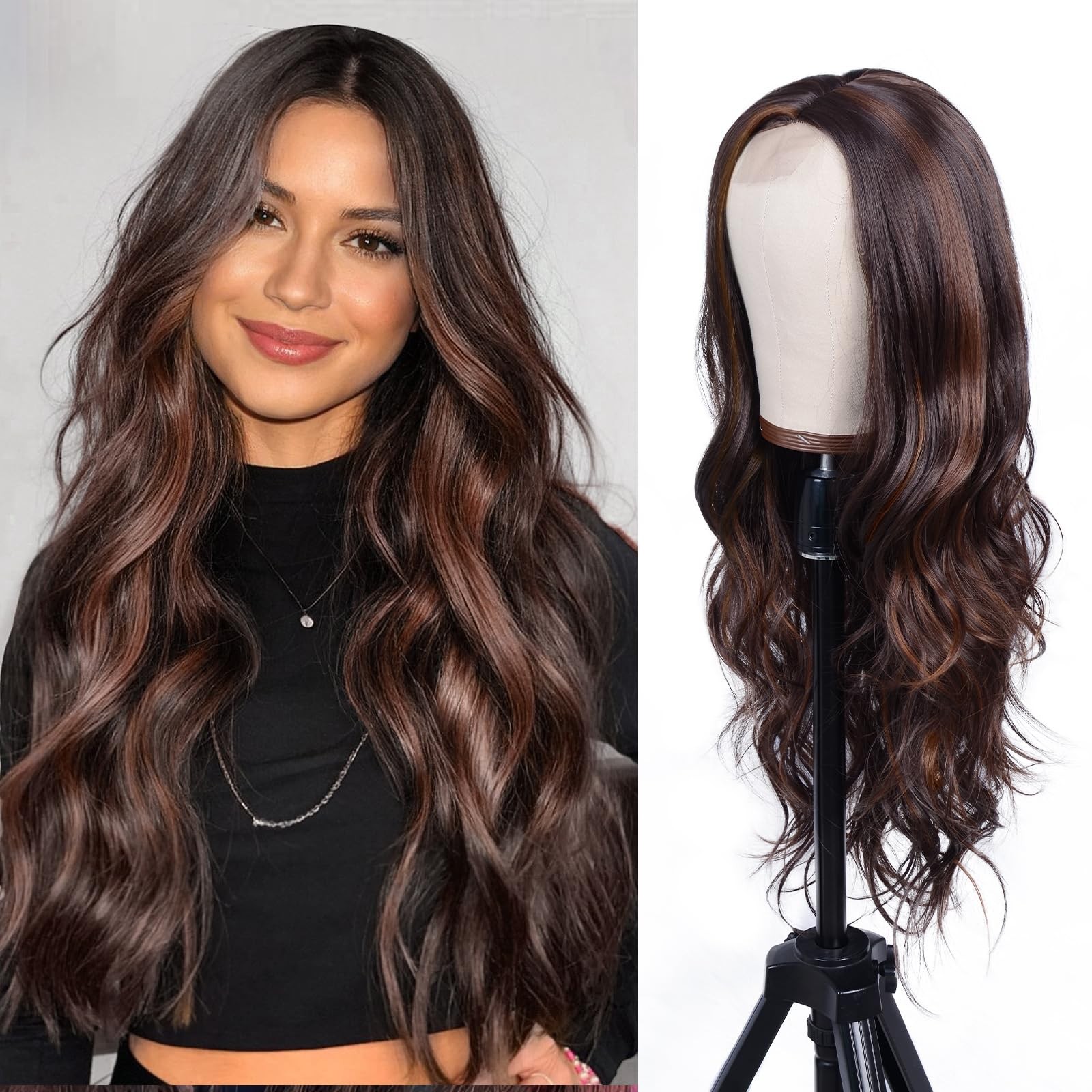 Long Dark Brown Mixed Blonde Highlight Wavy Wig Ombre Brown wigs for Women 26...