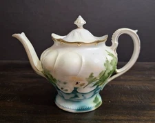 Antique RS Prussia Swans Lake Teapot Ruffle Edge Gold Trim Repaired Lid