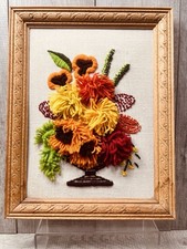 Handmade Crewel Embroidered 3D Flowers In Vase W/Carved Wood Frame MCM 14x18”