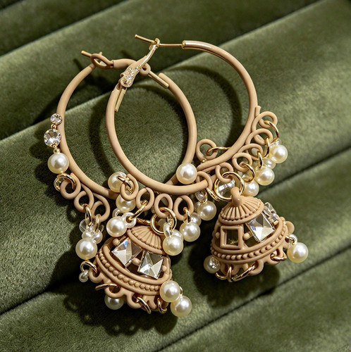 Gold Tone Hoop Dangle/Drop Earrings White Round Faux Pearl Bead Latch Back