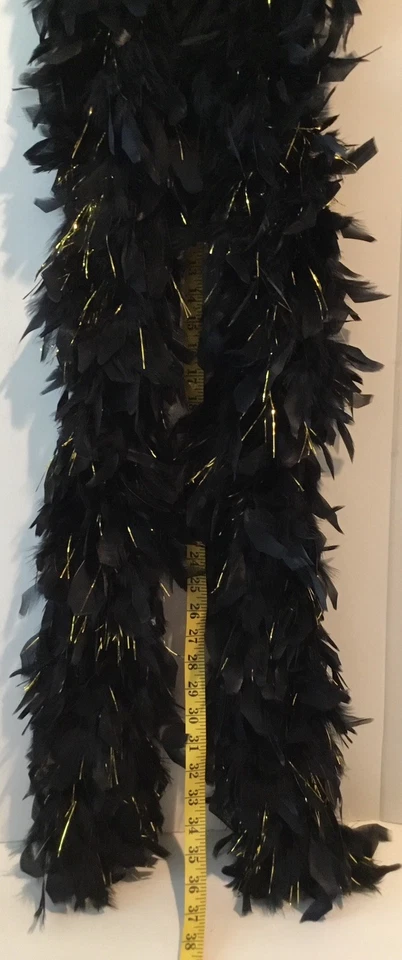 Vintage Real Feather Boa Black w Gold Tinsel Accent 75" Long Costume - Image 2 of 3