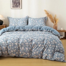 Blue Flower King Size Duvet Cover-3 Pieces Prewashed Cotton-Like Polyester Ex...