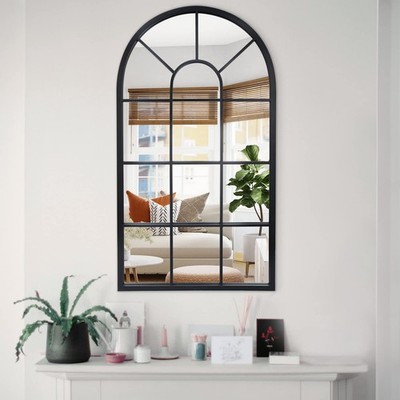 Arched Window Mirror Black Metal Frame Wall Mounted Decorative Mirror Windowp...