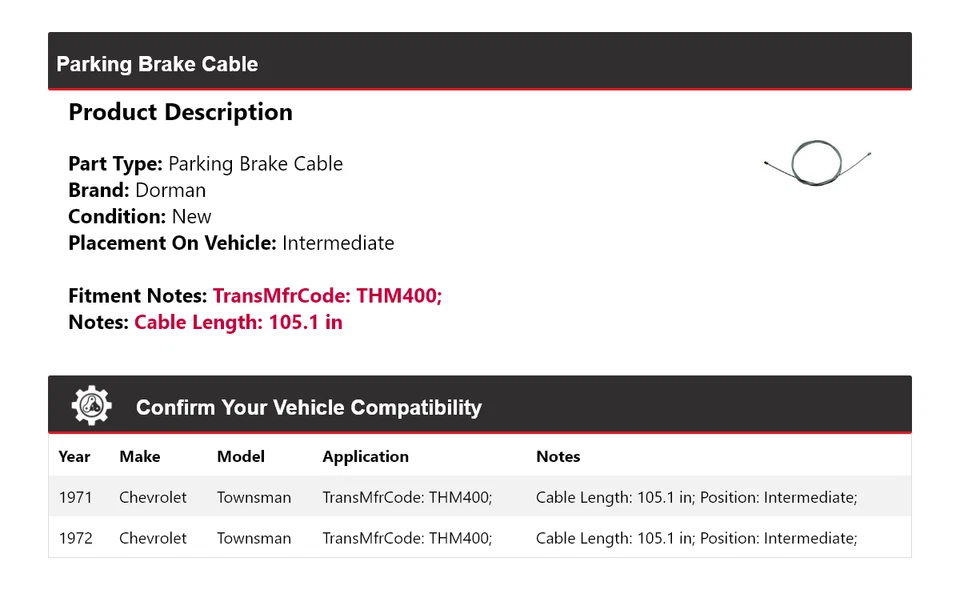 For 1971-1972 Chevrolet Townsman Dorman Parking Brake Cable Intermediate - Image 2 of 4