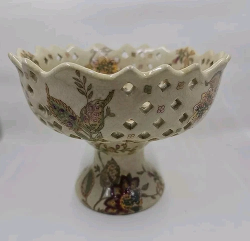 Antique Wong Lee 1895 Crackled Hand Painted  Floral Green Pedestal Trinket Dish