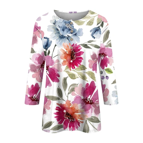 3/4 Length Sleeve Womens Tops Casual Loose Fit V-neck Shirts Floral Tunic Tops - Picture 11 of 51