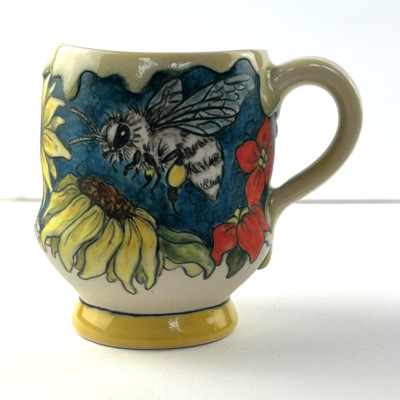 CJ Niehaus Studio Pottery Mug Bumblebee Sunflower Garden Floral Artisan Handmade