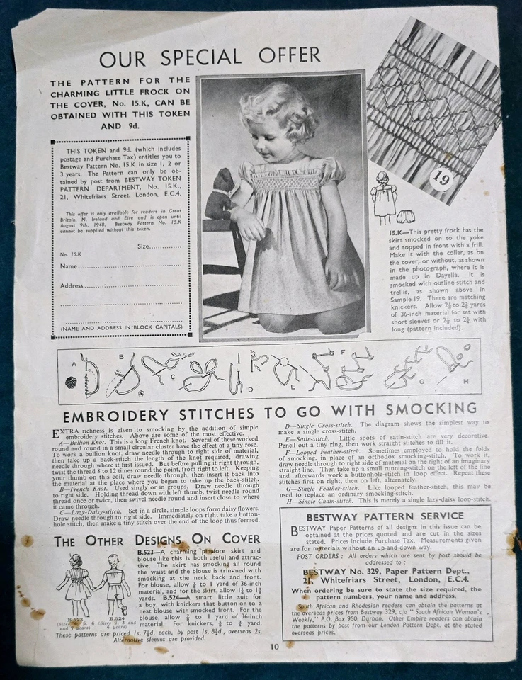 1950s Smocked Dress Babydoll Smocking Flower girl Bestway 329 Sewing Pattern - Image 3 of 4