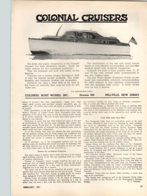 1951 paper ad colonial motor boat cruiser 31' 37' 39