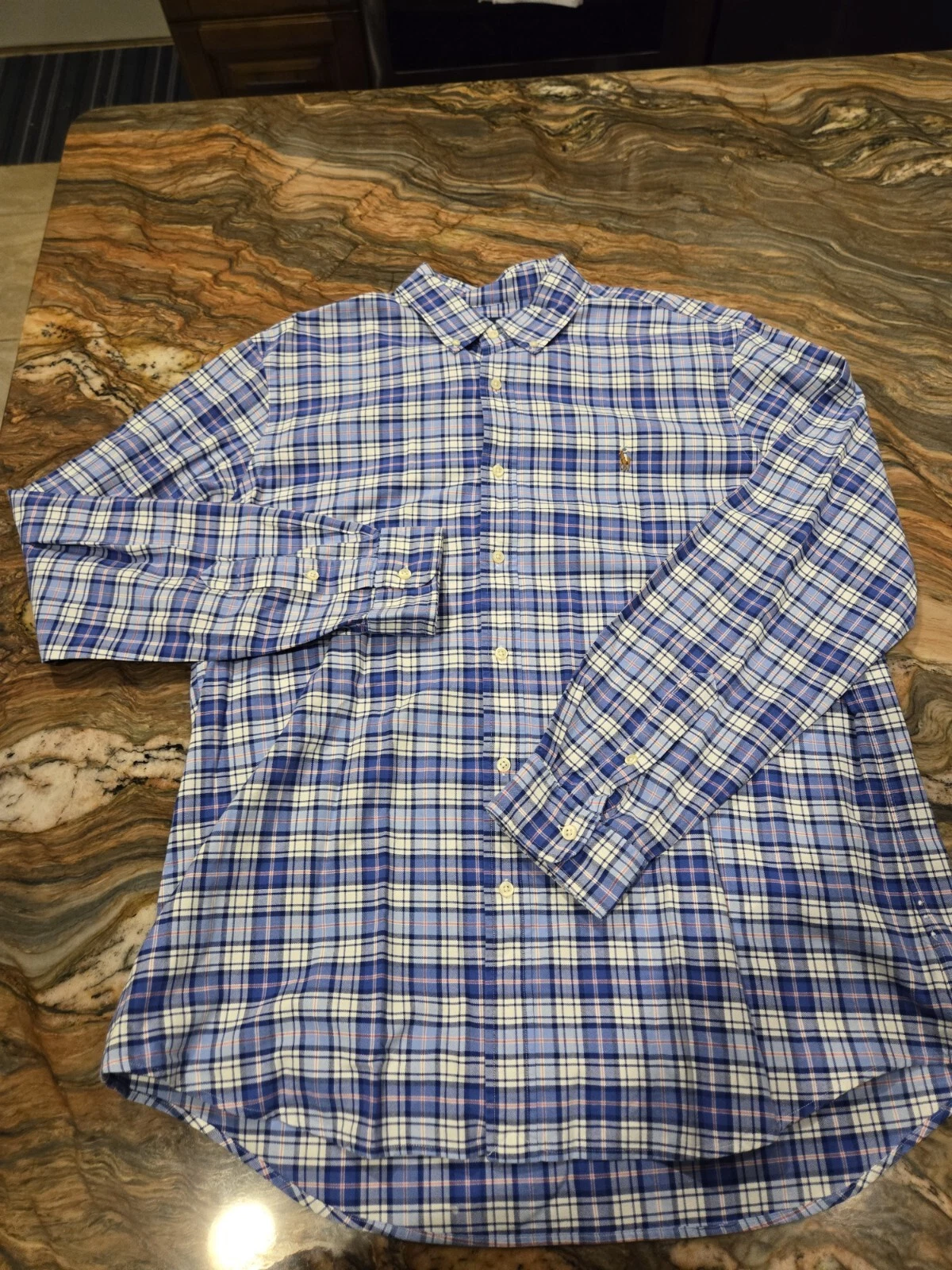 Ralph Lauren Shirt Mens XL Blue Plaid Classic Button Down Long Sleeve Flesh Pony