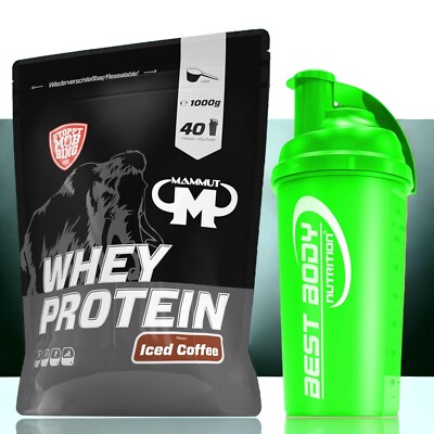 Mammut Whey Protein 1000g Eiweiß Shake Wheyprotein Amino + Best Body Shaker Grün