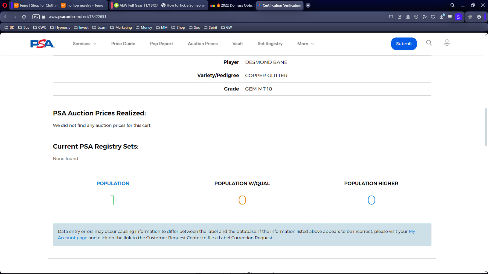 DESMOND BANE 2022 Panini Donruss Optic CASE HIT COPPER GLITTER /99 PSA 10 POP 1 eBay
