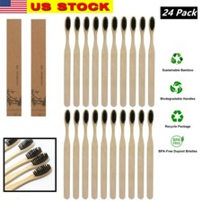 24 Pack Charcoal Bamboo Toothbrush Adult Organic Wooden Natural Eco Vegan