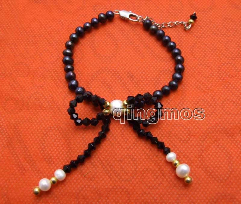 Brazalete colgante con moño de perlas negras de 5-6 mm para mujer brazalete de perlas concha de 7,5"" Foto 4 de 4