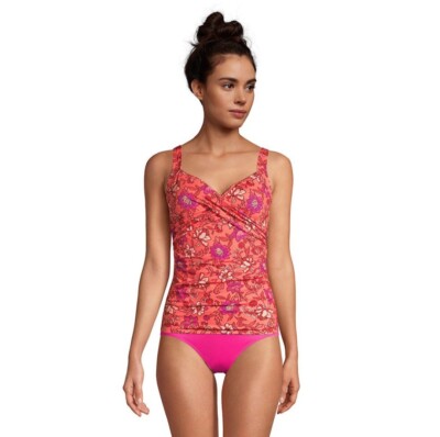 Lands End Orange Floral Chlorine Resistant Wrap Underwire Tankini Swim Top  16