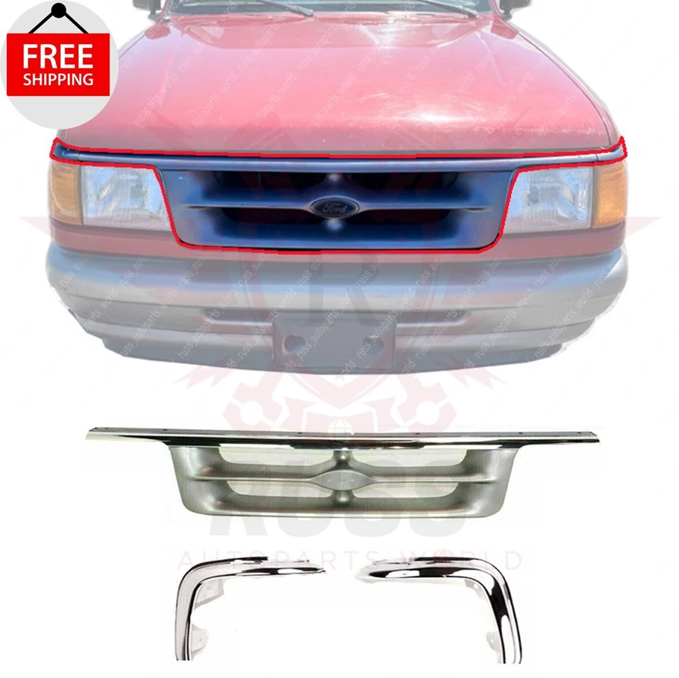 New Front Grille & Grille Molding Chrome set 3pc Fits 1995-1997 Ford Ranger 4WD - Image 2 of 4