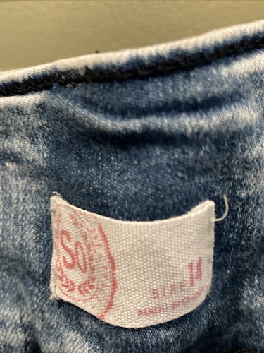 So Girls Denim Cuffed Shorts Size 14 Bleach Paint Splatter Button Up Blue - Picture 2 of 5