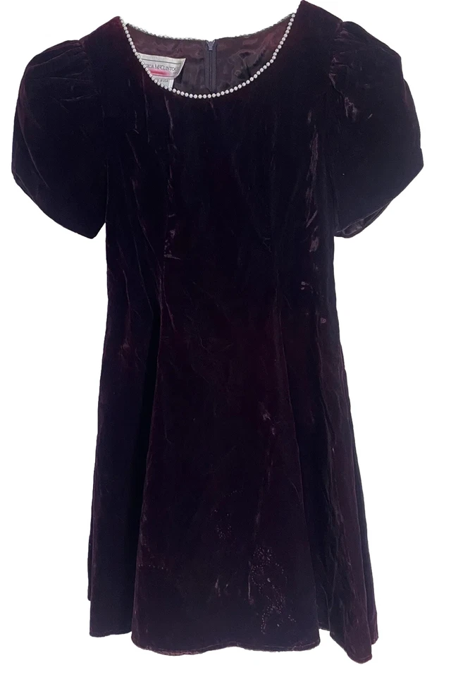  Jessica McClintock Girls Dress Medieval Maroon Velvet Pearl neckline SZ 8 VTG - Image 4 of 4