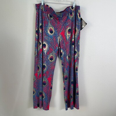 NEW IMAN Womens Plus 2XP Wide Leg Pants Peacock Feather Design Stretch Pull On