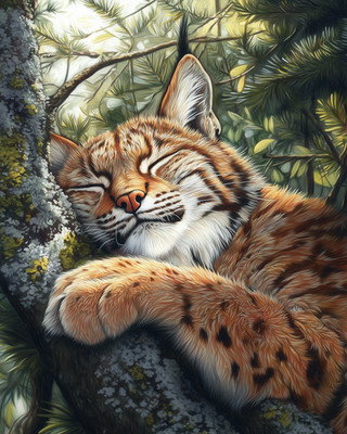 8x10 Lynx sleeping on tree limb, pine forest light, realistic - 704702048