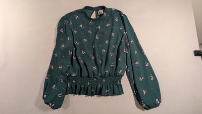 H&M Divided Blouse Size 8 Women's Green Floral Flowy Bell Sleeve Wrist 
