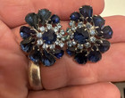Vintage Blue Prong Set Rhinestone Round Cluster Clip On Beautiful Earrings