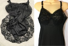 Vtg VANITY FAIR Floral Lace BUST Full Slip Dress 34 Silky Black Nylon Whimsigoth