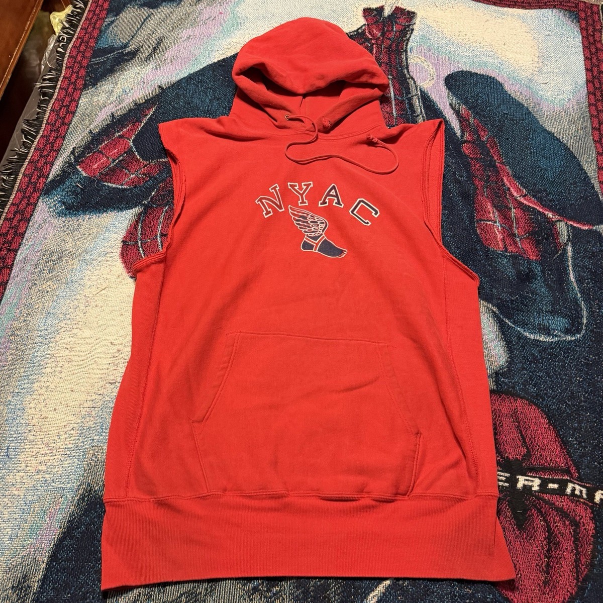 Vintage 80s NYAC Champion Reverse Weave Red Hoodie Chopped Men