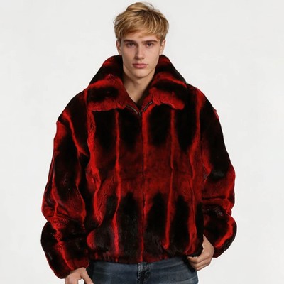 Fashion Mens Natural Rex Rabbit Fur Bomber Jackets with Lapel Winter Fur Coats