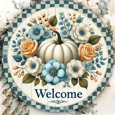 1pc 2D 1pc, Round 2D Metal Sign, Country French Welcome Sign Autumn Pumpkin and