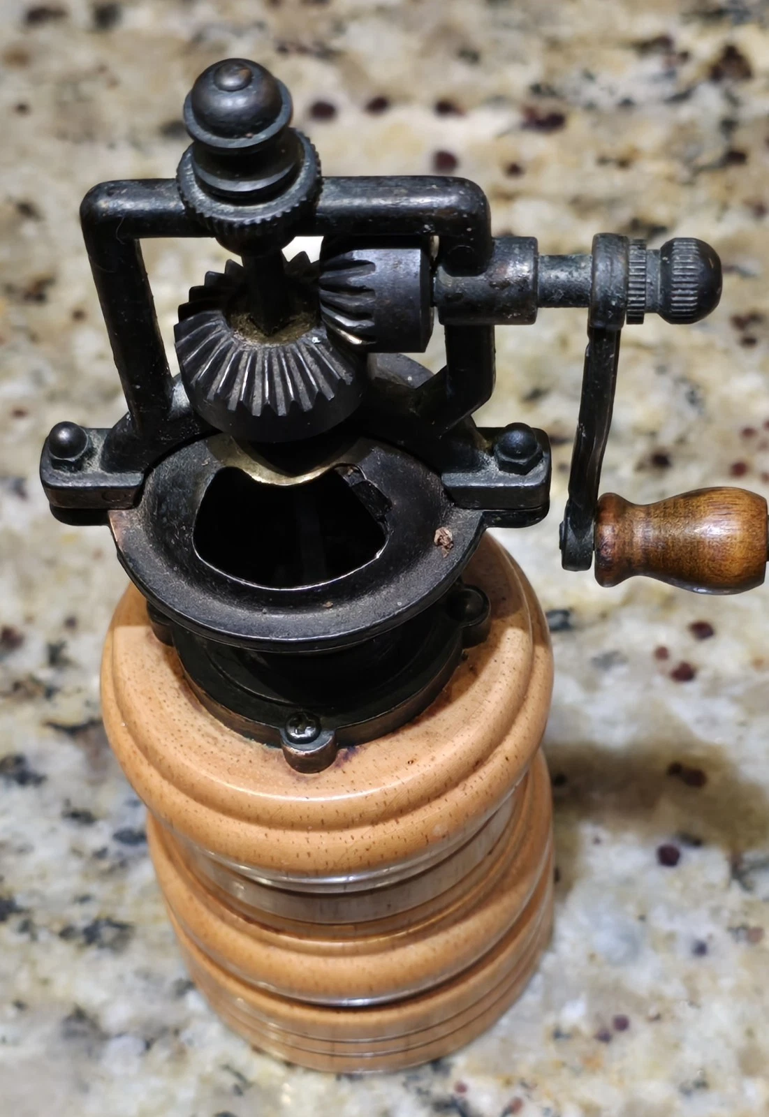 8" Pepper Grinder Mill Wooden Base Exposed Gear Hand Crank Steampunk Style