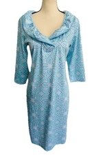 Gretchen Scott Ruffle Neck Dress Blue & Green Geometric Stretch Medium