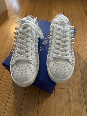 Stuart Weitzman White Leather Sneakers Size  37/6.5Bwith Embellishing Pearls