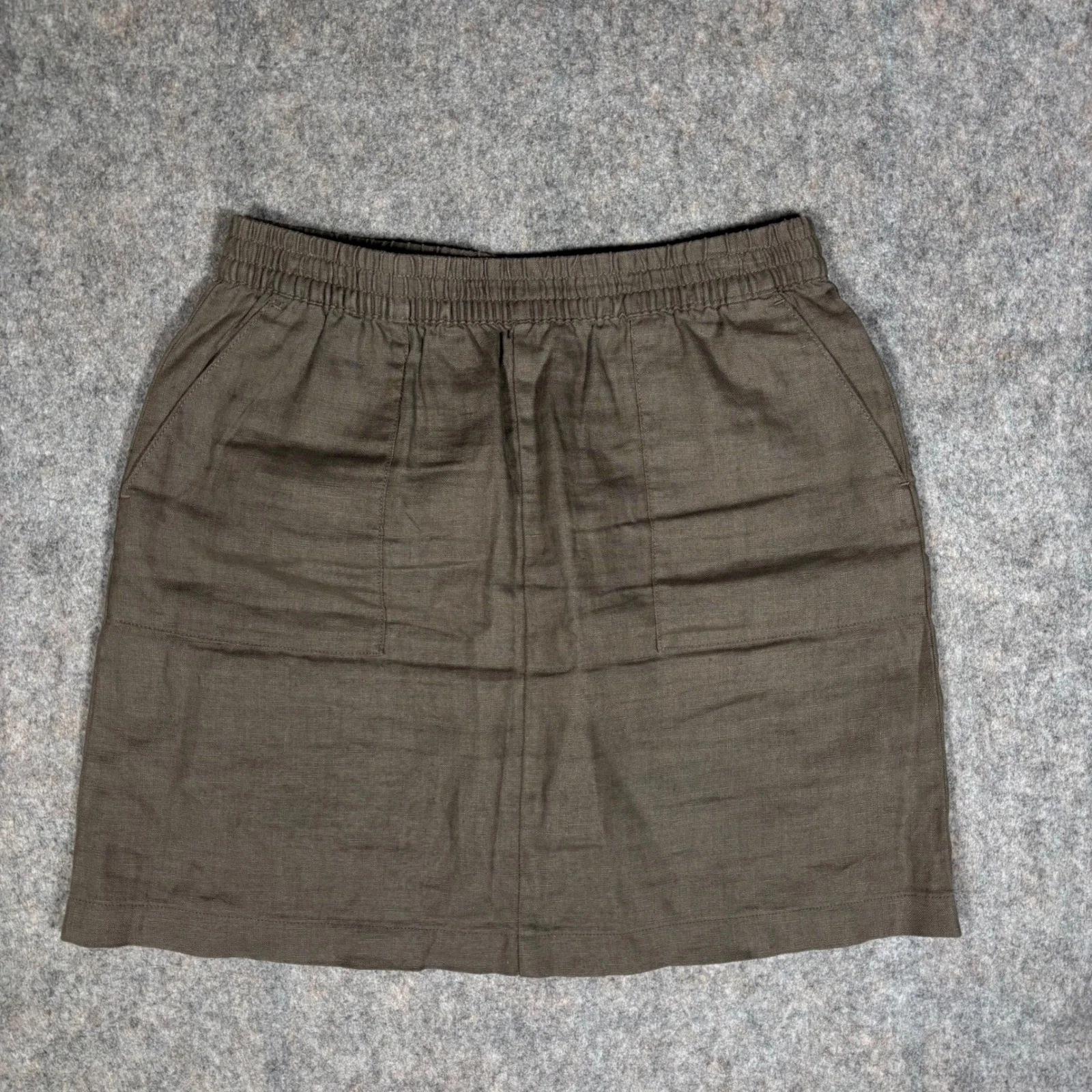 Garnet Hill Mini Skirt 100% Linen Sz 4 Brown Elastic Waist Pocket Casual Neutral