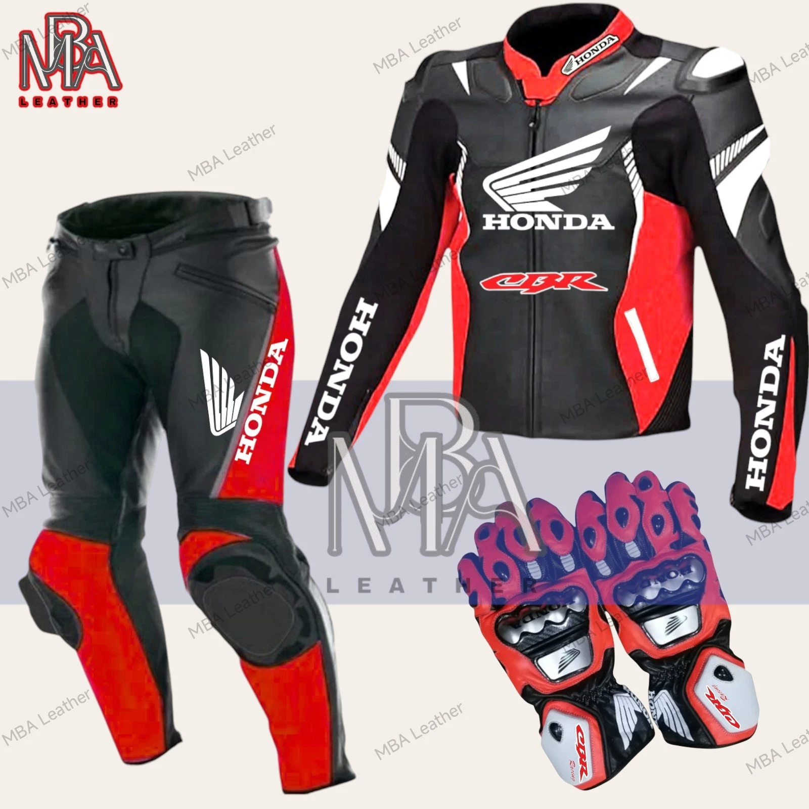 Honda CBR Motorbike Leather Jacket Black & Red with Matching Pants & Gloves