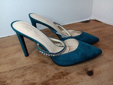 NINE WEST Heels Women US 9.5 M Teal Green Rhinestone Faux Suede Evening Clubwear